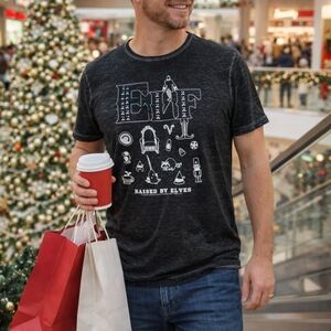 Elf Raised By Elves Black Graphic Tee Shirt L Burnout S/S Casual Christmas Holid